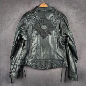 Harley-Davidson Leather Motorcycle Jacket Womens Large Black Studded‎ Lace Up